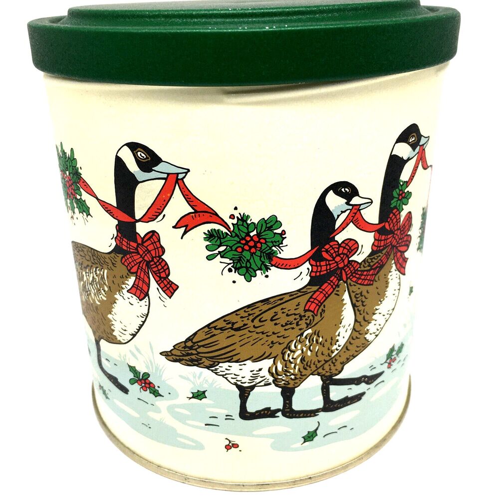 Planters Vintage Christmas Goose Can Tin 6 " Round Peanut Brittle Green Holiday